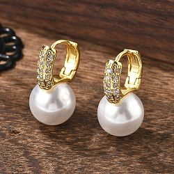 Plastic Pearl Dangle Hoop Earrings with Clear Cubic Zirconia, Brass Hinged Earrings for Women, Lead Free & Cadmium Free & Nickel Free, Real 18K Gold Plated, 23mm, Pin: 1mm(EJEW-A070-08G)
