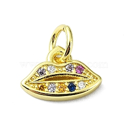 Brass Micro Pave Cubic Zirconia Pendants, with Jump Ring, Real 18K Gold Plated, Lip Charm, Colorful, 7.5x10x1.5mm, Hole: 3mm(KK-H475-25G-02)