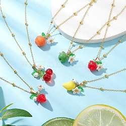 6Pcs 6 Styles Resin Fruit Pendant Necklaces, Brass Satellite Chain Necklaces, Golden, Mixed Color, Mixed Shapes, 17.68 inch(44.9cm), Pendant: 14~22x13~19mm, 1pc/style(NJEW-JN05204)