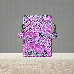 Chinese Style Brocade Drawstring Gift Blessing Bags, Landscape Print Jewelry Storage Pouches for Wedding Party Candy Packaging, Rectangle, Magenta, 15x10cm(PW-WG24924-10)