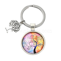 Alloy Glass Keychains, with 304 Stainless Steel Keychain Clasps, Flat Round, Plum, 6.2cm(KEYC-YW00008-09)