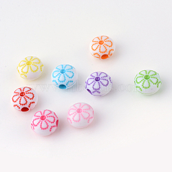 Craft Style Acrylic Corrugated Beads, Flat Round Carved Flower, Mixed Color, 9.5x10x6.2mm, Hole: 2.5mm(X-SACR-S839-M)