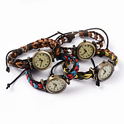 Alloy Quartz Wristwatch, with Leather Cord Watch Band and Hemp Rope, Antique Bronze, Mixed Color, 65~75mm, Watch Head: 33x26x16mm(WACH-L036-01)