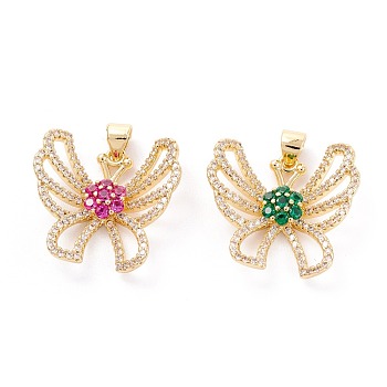 Brass Micro Pave Cubic Zirconia Pendants, Long-Lasting Plated, Butterfly, Mixed Color, 21x21.5x6mm, Hole: 4.4x3.2mm