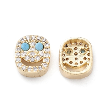 Brass Micro Pave Cubic Zirconia Beads, Lead Free & Cadmium Free, Long-Lasting Plated, Real 18K Gold Plated, Oval with Smiling Face, Sky Blue, 9x8x4mm, Hole: 1mm