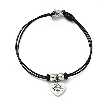 304 Stainless Steel Heart with Tree of Life Charm Bracelet with Waxed Cord for Women, Stainless Steel Color, 7 inch(17.8cm)