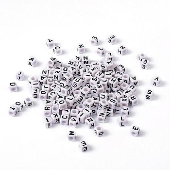 Mixed Letters White Letter Acrylic Cube Beads, Horizontal Hole, about 6mm wide, 6mm long, 6mm high, Hole: about 3.2mm, about 300pcs/50g