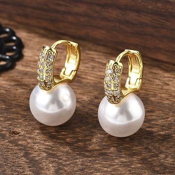 Plastic Pearl Dangle Hoop Earrings with Clear Cubic Zirconia, Brass Hinged Earrings for Women, Lead Free & Cadmium Free & Nickel Free, Real 18K Gold Plated, 23mm, Pin: 1mm