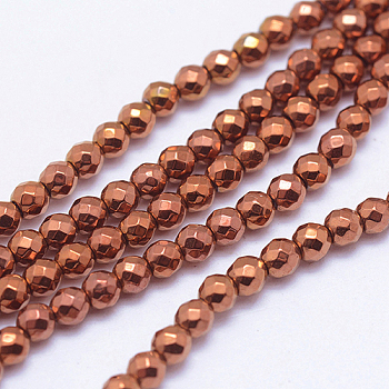 Non-magnetic Synthetic Hematite Beads Strands, Vacuum Plating, Faceted(128 Facets), Round, Red Copper Plated, 3mm