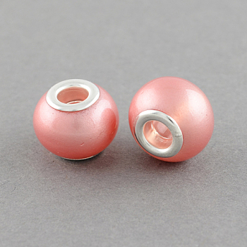 Spray Painted Glass European Beads, with Brass Silver Color Plated Cores, Large Hole Beads, Rondelle, Light Coral, 15x12mm, Hole: 5mm