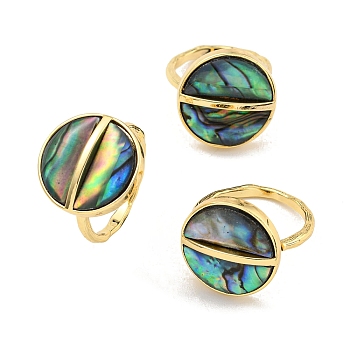 Brass Open Cuff Rings, with Abalone Shell, Jewely for Women, Round, Real 14K Gold Plated, US Size 7 1/4(17.5mm)