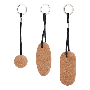 3Pcs 3 Style Creative Environmental Protection Cork Keychains, with Iron Ring, for DIY Bag Decoration Pendant Key Chain, Round & Oval & Rectangle, Mixed Color, 16.3~20.5cm, 1pc/style