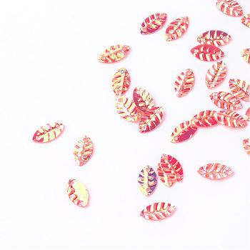 Plastic Paillette Links, Sequins Beads, Leaf, Red, 8.5x4.5x0.5mm, Hole: 1mm, about 30000pcs/500g