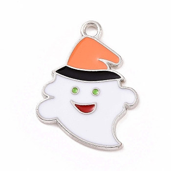 Alloy Enamel Pendants, Platinum, Ghost with Hat Charm, White, 25x19x1.5mm, Hole: 2mm