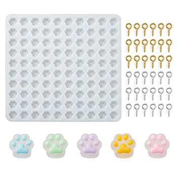 DIY Pendant Kits, including 1Pc Cat Paw Print Cabochon Silicone Molds, Resin Casting Molds, 200Pcs 2 Colors Iron Screw Eye Pin Peg Bails, White, Mold: 145x153x7.5mm, Inner Diameter: 11x12mm, Peg Bails: 8x4x1mm, Hole: 1.8mm