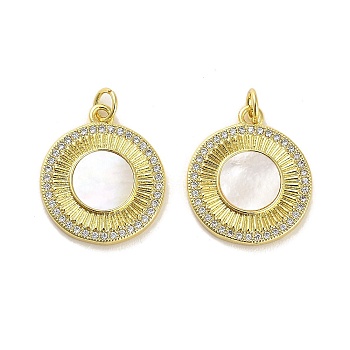 Brass Micro Pave Clear Cubic Zirconia Pendants, with Shell, Jump Rings, Real 18K Gold Plated, Round, 21x18x3mm, Hole: 3.5mm