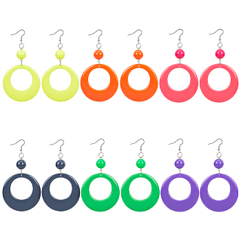 6 Pairs 6 Colors Donut Resin Dangle Earrings with Iron Pins for Women, Mixed Color, 97x54mm, 1 pair/color