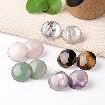 Natural Mixed Stone Dome/Half Round Clip-on Earrings, with Platinum Plated Brass Findings, 21mm