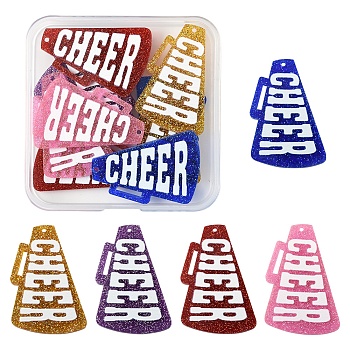 10Pcs 5 Colors Printed Acrylic Pendants, with Glitter Powder, Trumpet with Word CHEER, Mixed Color, 40x27x2.5mm, Hole: 1.5mm, 2pcs/color