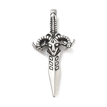 304 Stainless Steel Pendants, Antique Silver, Sword with Cattle, 48.5x22x6mm, Hole: 6.5x3.5mm