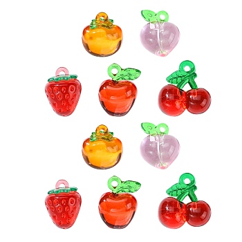 30Pcs 5 Styles Acrylic Pendants, with Imitation 3D Fruit Resin, Mixed Shapes, Mixed Color, 16.5~21.5x13.5~19.5x10.5~15mm, Hole: 1.6~2mm, 6pcs/style