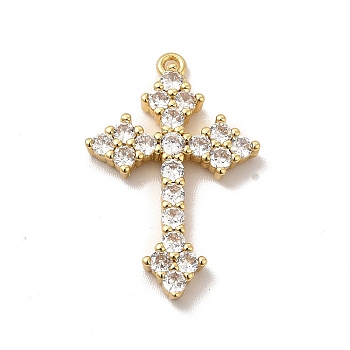 Rack Plating Brass Micro Pave Cubic Zirconia Pendants, Cadmium Free & Lead Free, Long-Lasting Plated, Religion Cross Charm, Real 18K Gold Plated, 25.5x16.5x3mm, Hole: 1mm
