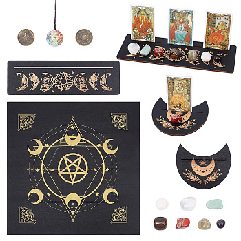 Wiccan Altar Supplies Decorative, Including Wooden Tarot Card Stand Holder, Square Altar Tarot Tablecloth, Mixed Gemstone 7 Chakra Pendant Necklace with Gemstone Beads, Mixed Color, 490x490x0.3mm