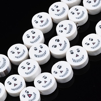 Handmade Polymer Clay Bead Strands, Halloween Style, Flat Round with Smiling Face, White, 9~10x4mm, Hole: 1.5mm, about 40pcs/strand, 14.17 inch(36cm)