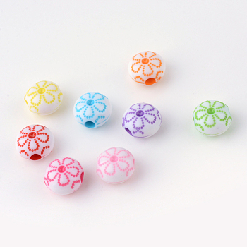 Craft Style Acrylic Corrugated Beads, Flat Round Carved Flower, Mixed Color, 9.5x10x6.2mm, Hole: 2.5mm