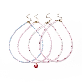 4Pcs 4 Style Natural Rose Quartz & Glass Seed Beaded Necklaces Set, Alloy Enamel Heart Charm Necklaces for Women, Mixed Color, 14.96~15.12 inch(38~38.4cm), 1Pc/style