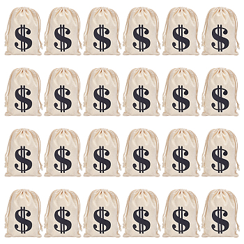 Black Dollar Sign Printed Cotton Cloth Drawstring Bgas, Rectangle, Antique White, 16x11x0.1cm