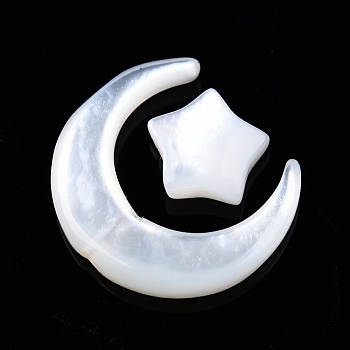 Natural Natural White Shell Beads Sets, Moon with Star, Moon: 15x13x3mm, Star: 7.5x8x3mm, Hole: 0.8mm, about 2pcs/set