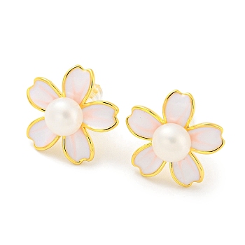 Brass Flower Stud Earrings with Natural Pearl, with 925 Sterling Silver Pins, Real 18K Gold Plated, 15x15.5mm