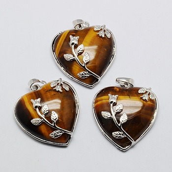 Heart Natural Tiger Eye Pendants, with Platinum Plated Brass Pendant Settings, 42~46x31~33mm, Hole: 6mm