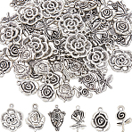72Pcs 6 Styles Tibetan Style Alloy Pendants, Flower, Antique Silver, 15.5~25x9.5~20x2.5~3.5mm, Hole: 1.5~2mm, 12pcs/style(FIND-SC0007-84)