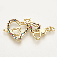 Brass Micro Pave Cubic Zirconia Links, Heart To Heart, Colorful, Golden, 15.5x33x2.5mm, Hole: 1.5mm(ZIRC-S061-11G)
