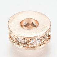 Brass Micro Pave Cubic Zirconia Beads, Flat Round, Clear, Rose Gold, 7x3mm, Hole: 3mm(ZIRC-Q013-141RG)