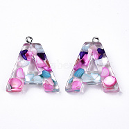 Transparent Epoxy Resin Pendants, with Shell Slices and Loops, Alphabet, Letter.A, 30x27.5x6mm, Hole: 1.6mm(CRES-S364-001A)
