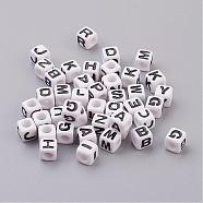 Acrylic Horizontal Hole Letter Beads, Random Mixed Letters, Cube, White, about 7mm wide, 7mm long, 7mm high, hole: 3.5mm, about 2000pcs/500g(PL37C9129)