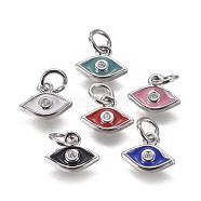 Brass Micro Pave Cubic Zirconia Pendants, with Enamel, Evil Eye, Platinum, Mixed Color, 8x10x2mm, Hole: 3mm(ZIRC-I026-04P)
