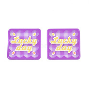 Transparent Printed Acrylic Cabochons, Square with Word Lucky Day, Medium Orchid, 33.5x33.5x2mm(TACR-N016-18)