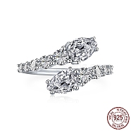 Rhodium Plated 925 Sterling Silver Snake Open Cuff Rings with Cubic Zirconia, with S925 Stamp, Real Platinum Plated, 1.7mm, US Size 7(17.3mm)(RJEW-F150-76P)