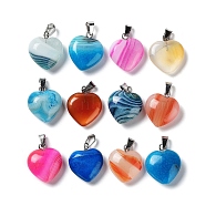 Natural Agate Dyed & Heated Pendants, Heart Charms with Platinum Plated Brass Snap on Bails, Mixed Color, 18~19x16x5.5~8mm, Hole: 5x3mm(G-P511-02B-P)
