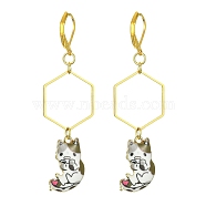 Rack Plating Alloy Cat Dangle Leverback Dangle Earrings, Golden Brass Long Drop Earrings, White, 66x19.5mm(EJEW-JE05502-05)