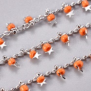 Handmade Glass Beaded Chains, with Brass Side Twisted Chains Curb Chains, with Spool, Long-Lasting Plated, Soldered, Star, Real Platinum Plated, Coral, 3x1.5x0.7mm, about 32.8 Feet(10m)/roll(CHC-E019-09G-P)