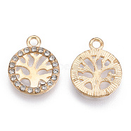 Alloy Pendants, with Crystal Rhinestone, Cadmium Free & Lead Free, Flat Round with Tree, Light Gold, 17.5x14x2mm, Hole: 1.8mm(PALLOY-T087-02KC)