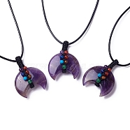 Adjustable Natural Amethyst  Double Horn Pendant Necklace with Wax Cord for Women, 29.69~31.10 inch(75.4~79cm)(NJEW-B086-01F)