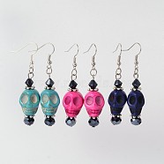 Halloween Synthetic Howlite Skull Dangle Earrings, with Glass Beads and Brass Earring Hooks, Mixed Color, 58mm, Pin: 0.7mm(EJEW-JE01576)