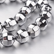 Electroplate Non-magnetic Synthetic Hematite Bead Strands, Faceted, Round, Silver Plated, 10x10mm, Hole: 1mm, about 40pcs/strand, 15.7 inch(G-F300-30-01)