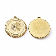 Vacuum Plating 201 Stainless Steel Pendants, with Rhinestone, Real 18K Gold Plated, Flat Round with Moon Charms, Crystal, 20x18.5x2.5mm, Hole: 1.4mm(STAS-J401-VC922)